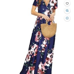 Ouges Navy Blue Floral V-Neck Maxi Wrap Dress  Size Medium